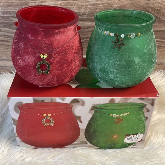 San Miguel Holiday Two Frosted Glass Pillar Candle Holders, Red and Green - Picture 1 of 6